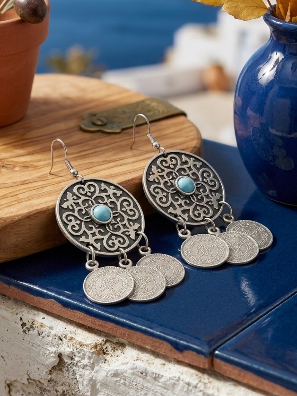 Turkish Filigree Coin Dangle Earrings Silver Tone Turquoise Glass Boho 3"